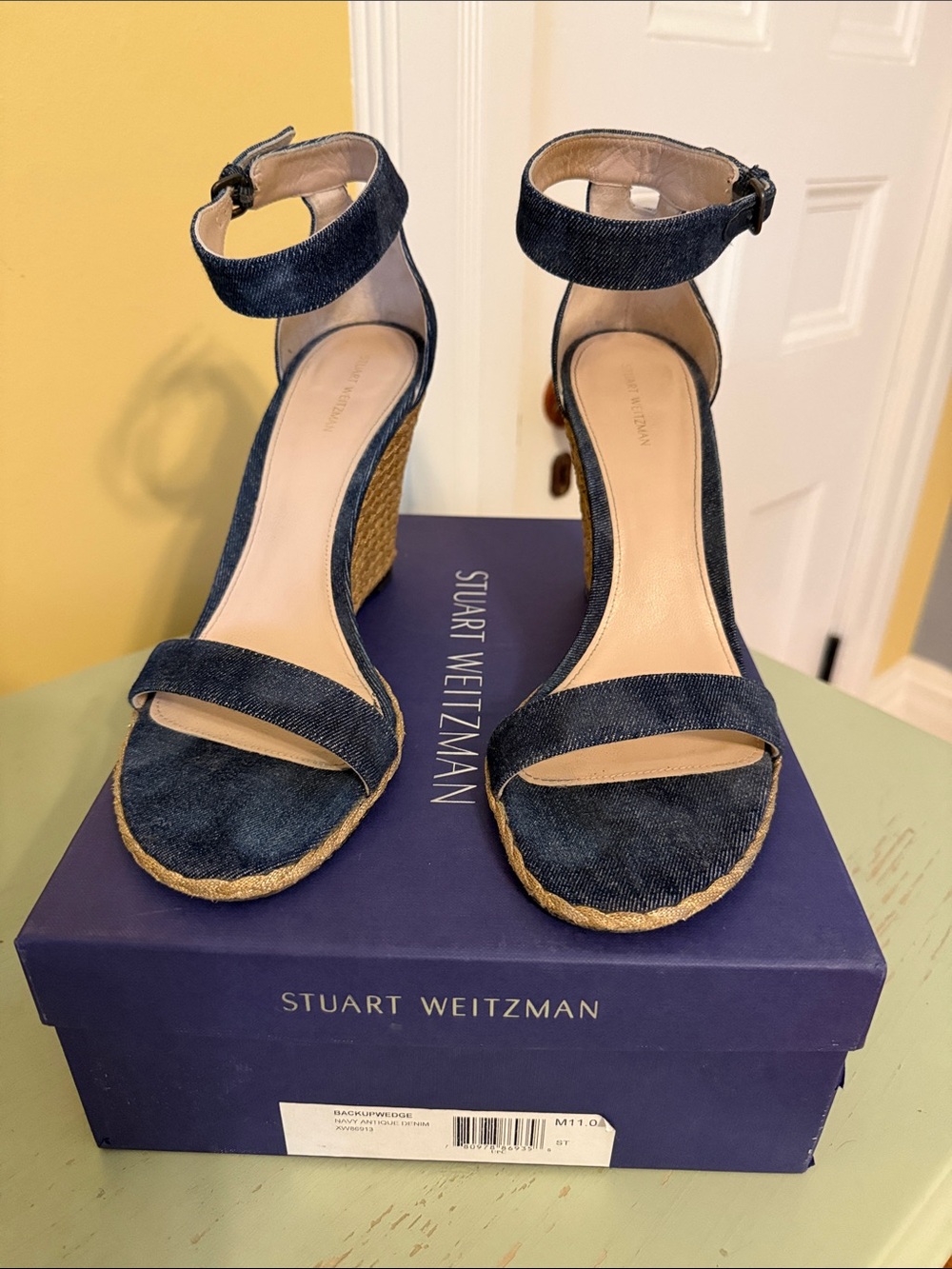 Stuart Weitzman Back up Wedge Navy Antique Denim Ankle Strap Heel
